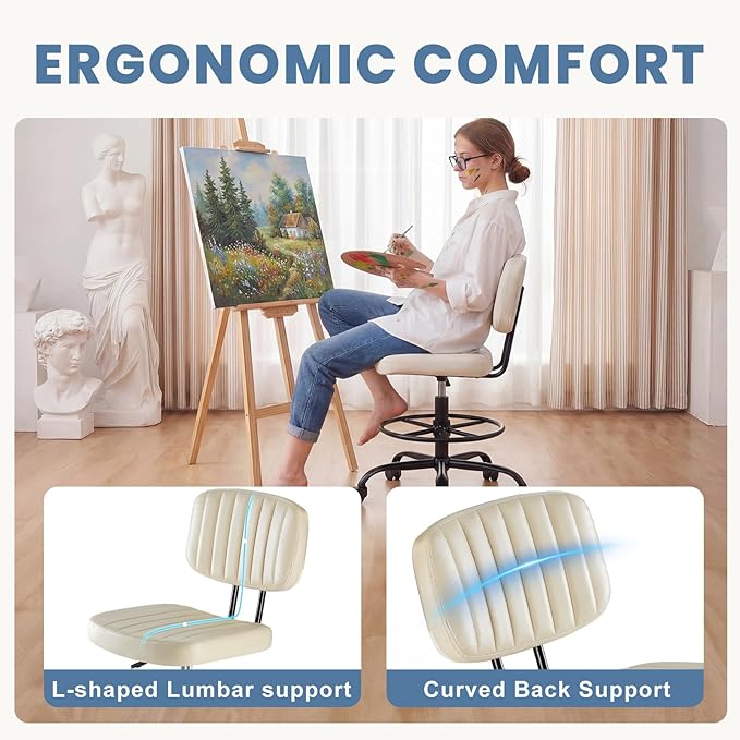 DUMOS Armless Drafting Chair, Low Back Office Seat with Adjustable Footrest Ring for Standing Desk, Ergonomic PU Leather Office Seating, Swivel Rolling High Stool for Studio, Lab, Counter, Beige
