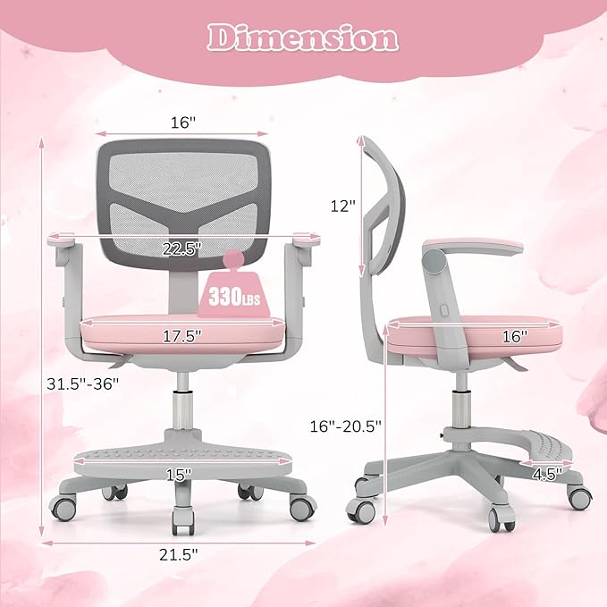 Giantex Kids Desk Chair, Ergonomic Adjustable Student Rolling Chair with Footrest & Flip-up Armrest, Mesh Children Office Chair with Universal Wheels, Kids Computer Chair for Boys & Girls, Pink