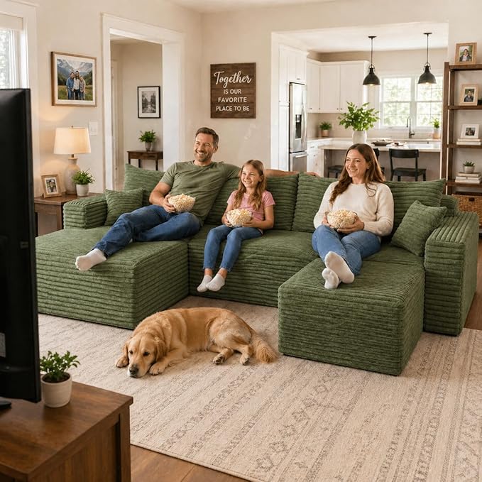 94" Green Fluffy Couch with Ottoman for Living Room, Corduroy No Bones Sectional Couch,Compressed Memory Foam Cloud Sofa,No Assembly Required,Left Facing Chaise,Green