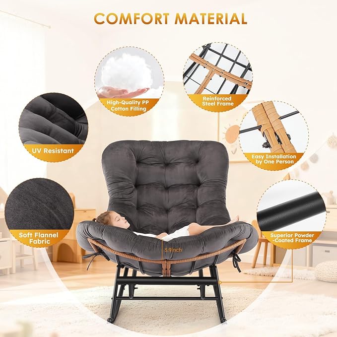 Jojoka Oversized Papasan Rocking Chair with Detachable Foot Rest, PE Rattan Rocker with Thick Removable Cushion, Metal Frame Lounge Chair for Indoor Outdoor Patio Garden Porch Living Room