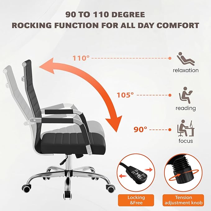 Furmax Ergonomic Office Desk Chair, Executive Ribbed Mid-Back PU Leather Conference Room Chair Adjustable Swivel Chair with Arms (4 pcs, Black)