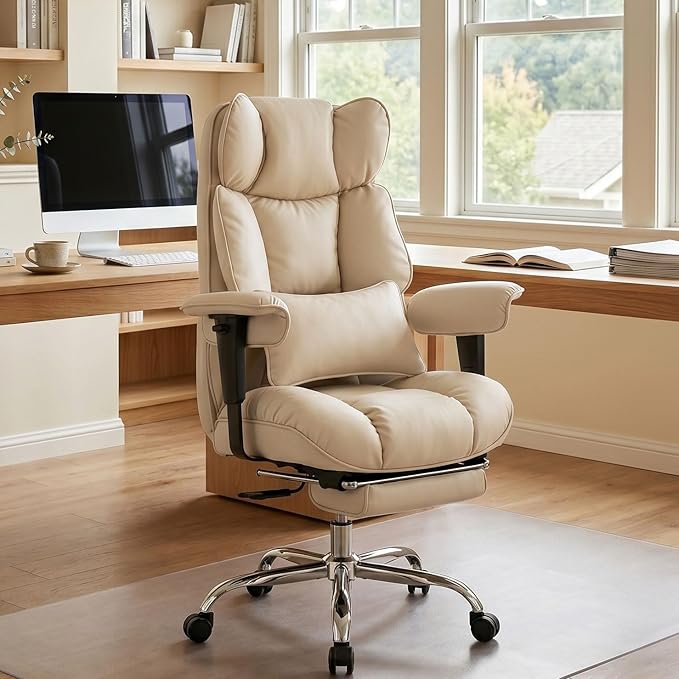 Efomao Big and Tall Office Chair 400lbs - Heavy Duty Reclining Desk Chair with Footrest, Spacious High Back PU Leather Executive Chair, Double-Layer Spring Support, Dark Beige