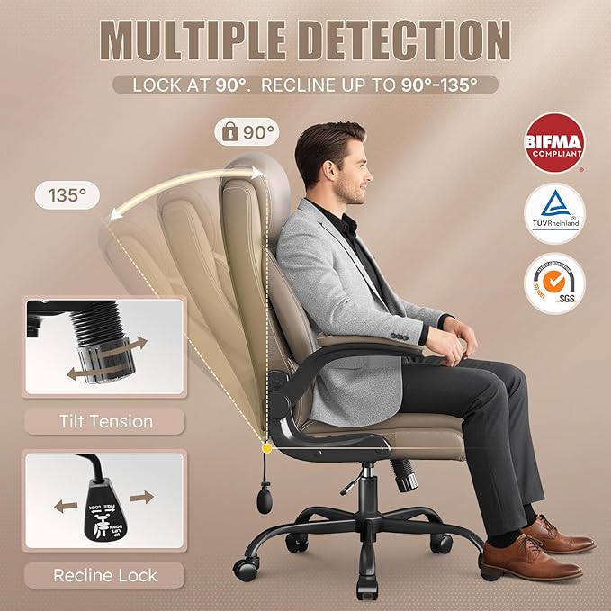 Ergonomic Office Chair, Home Desk Computer Chair, High Back Executive Chair，Padded Leather Ergonomic Computer Desk Chair with Inflatable Lumbar Support & Flip-Up Arms, Swivel Chair,Beige 2 Pack