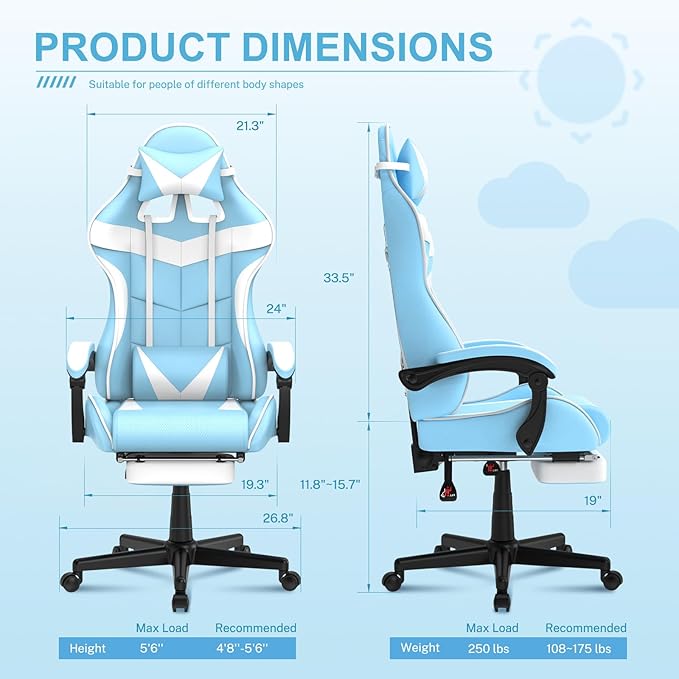Soontrans Light Blue Gaming Chair with Footrest,Lovely Cute Bunny Computer Gamer Chair,Kawaii Desk Chair for Granddaughter,Sister,Girlfriend,Wife and Love