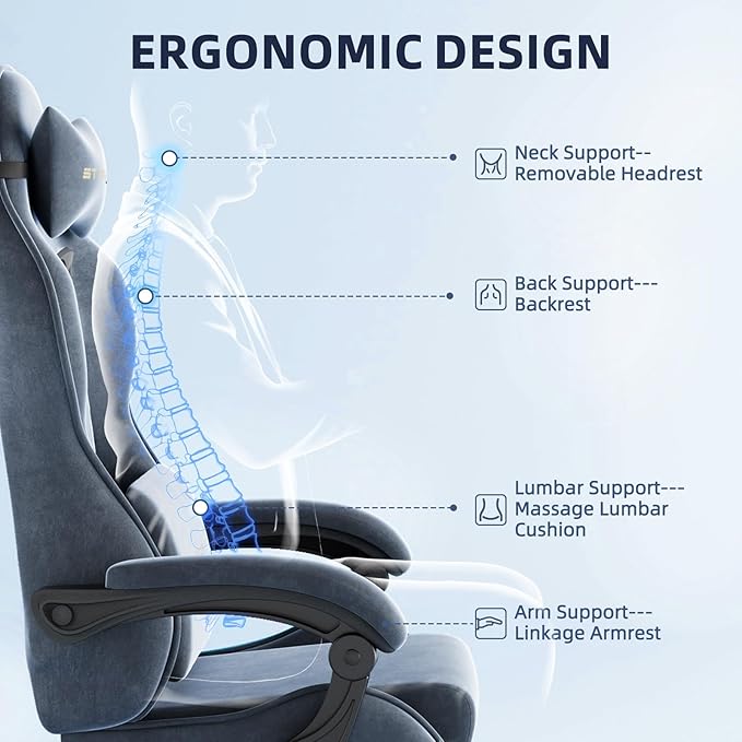 Ferghana Velvet Fabric Ergonomic Gaming Chair with Footrest and Massage, High Back Reclining Computer Gamer Chair for Adult, Racing Style PC Video Game Chair Suitable for Home Office (Grey)