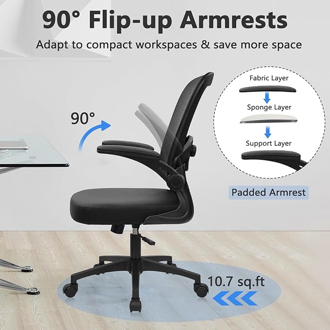 KLASIKA Desk Chairs with Wheels, Ergonomic Mesh Back PU Leather Seat Home Office Adjustable Lumbar Support and Height Swivel Rolling Computer Task Chair with Flip Up Arms for Conference, Black, 2PK