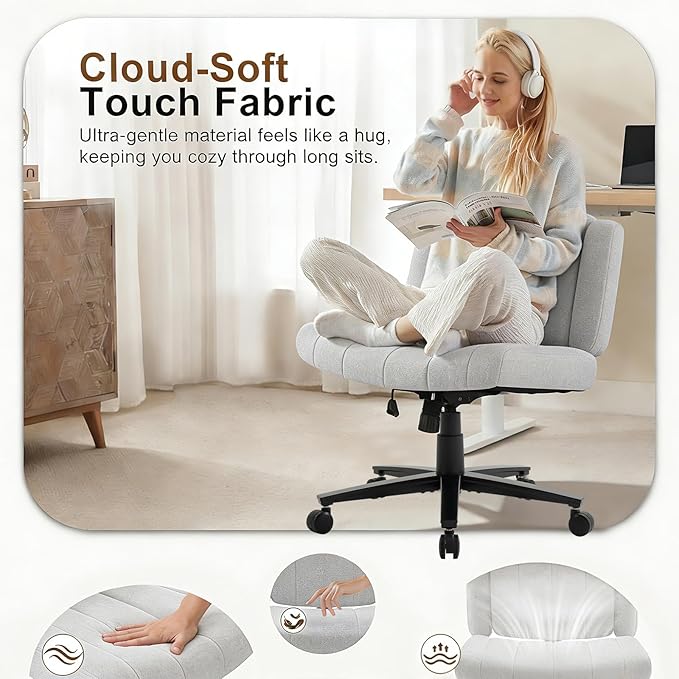 Vigosit Criss Cross Office Chair, Plush Oversized for Cross-Legged Sitting, Adjustable Arms & 360° Swivel Casters - for Home Office, Study, Gaming, Vanity, Comfortable Computer Chair(Grey)