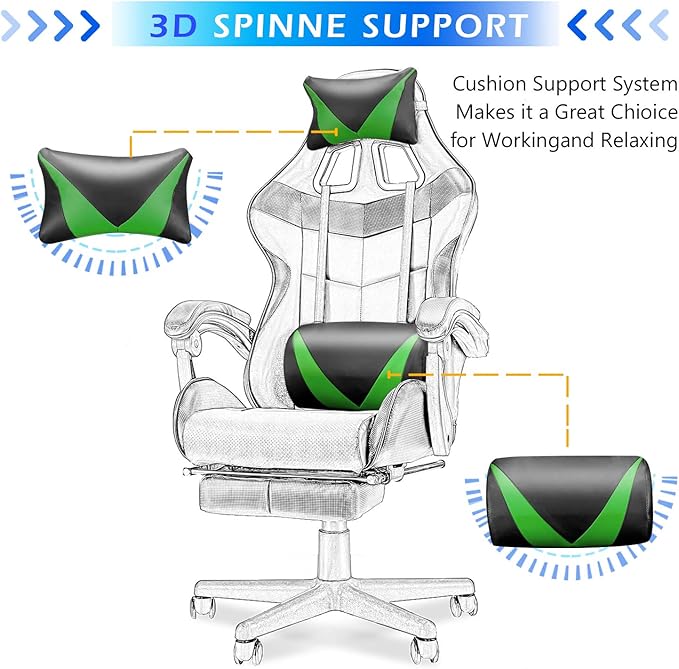 Soontrans Gaming Chair Green,Racing Gaming Chair with Footrest,Ergonomic Computer Gamer Chair,Game Chair with Adjustable Headrest and Lumbar Support