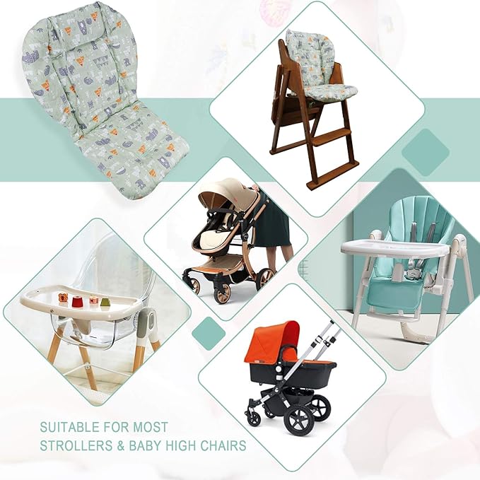 High Chair Pad, High Chair Cushion, seat Cushion, Breathable Pad, with Baby High Chair Seat Belt, 2 Pieces, Soft and Comfortable, Make The Baby More Comfortable (Green Animal Pattern)