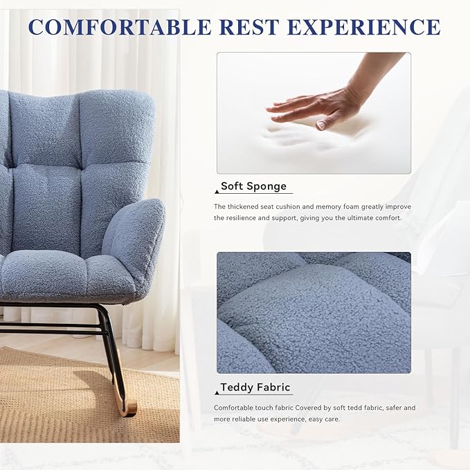 FOXHUNTER Rocking Chair Nursery Teddy Upholstered Glider Rocker High Backrest Nursery Rocker Comfortable Stylish Accent Armchair for Living Rooms Bedrooms Offices (Teddy Light Blue)