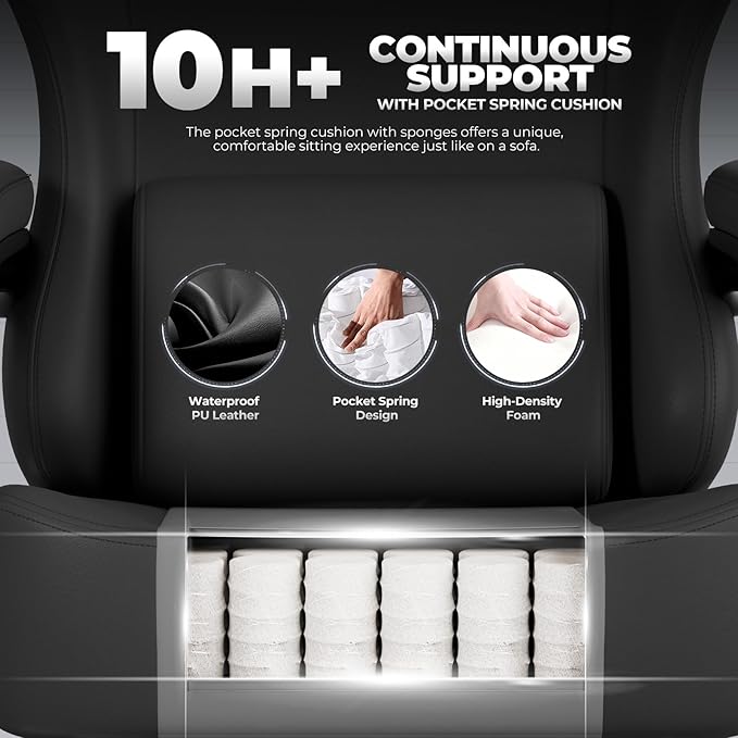 GTPLAYER Gaming Chair with Pocket Spring Cushion, Big and Tall Gamings Chairs 350LBS High Back Computer Chair with Footrest for Adults Lumbar Support Swivel Game Chair for Office,Leather Black-Massage