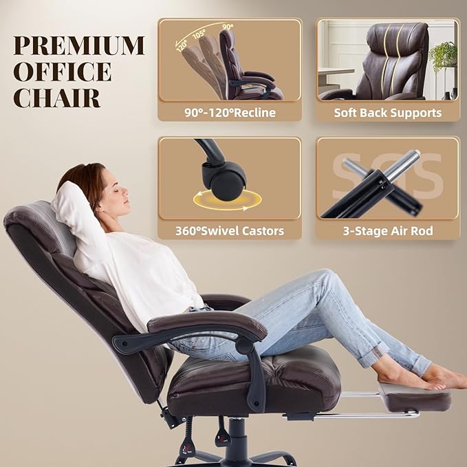 Garvee Comfortable Office Desk Chair 500 LBS, Big and Tall Office Chairs with Footrest,90-155°Recline Executive Leather Gaming Chair for Heavy People, Long Hours,Coffee