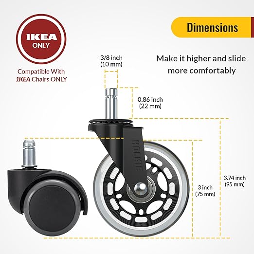 HOLKIE Office Chair Wheels Compatible with 1KEA 10x22mm Transparent ONLY 3 Inch Roller Blade Casters, Computer Gaming Replacement Rubber Wheels-Set of 5 for Hardwood Floors Desk Chair Rolling