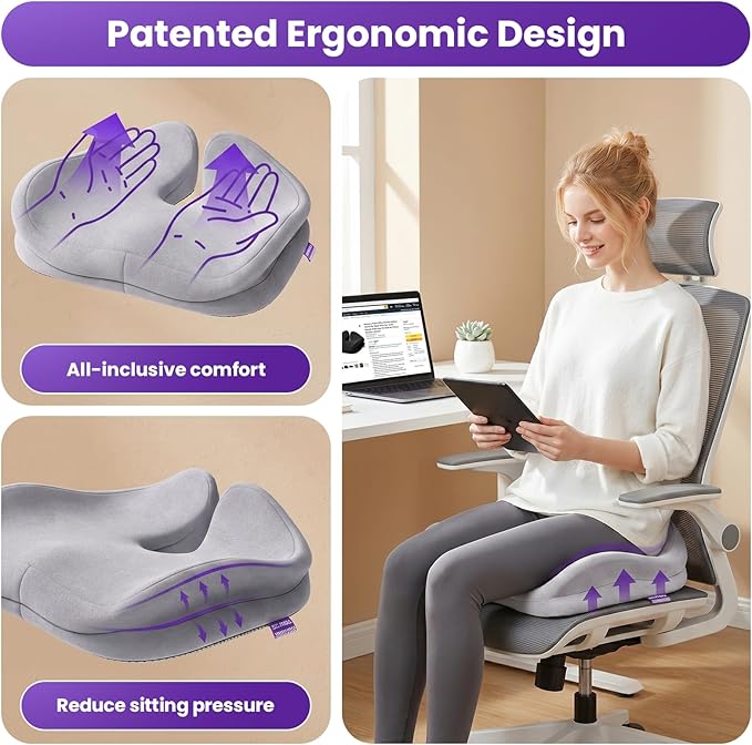 ZZ-WELL Seat Cushions for Office Chairs - Patented Extra Large Seat Cushion 21.2" W x 16.5" L - Memory Foam Seat Cushion for Tailbone Pain Relief, Sitting Pressure Relief (Light Grey)