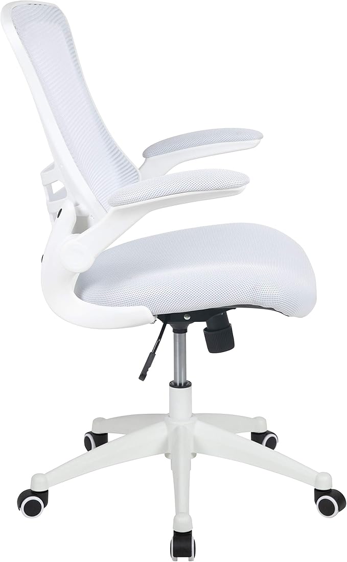 Flash Furniture Kelista Mid-Back Swivel Office Chair with Adjustable Lumbar Support and Seat Height, Ergonomic Mesh Desk Chair with Flip-Up Armrests, White