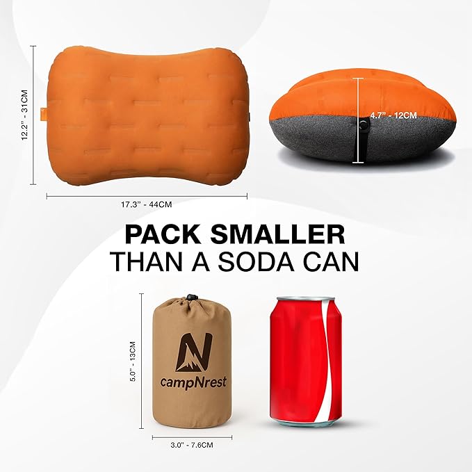 Inflatable Camping Pillow - Ultralight Compact Air Pillow for Travel, Backpacking & Hiking - Ergonomic Neck & Lumbar Support - Portable Inflatable Pillow with Removable Washable Cover -(Orange 2 Pack)