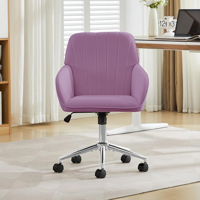 Velvet Home Office Desk Chair, Modern Cute Computer Task Chair with Back, Height Adjustable Upholstered Vanity Chair with Swivel Wheels for Women, Girls (Silver Base, Light Purple