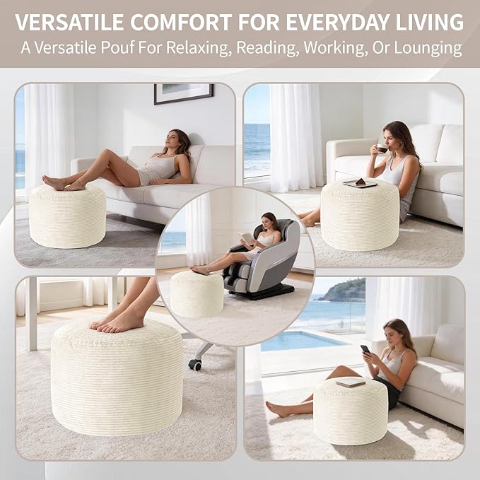 26" x 26" x 22" Large Stuffed Pouf Ottoman, Round Foot Rest with Odorless Filling, Soft & Cozy Corduroy Foot Stool for Living Room, Bedroom, Office, Room Decoration (Beige)