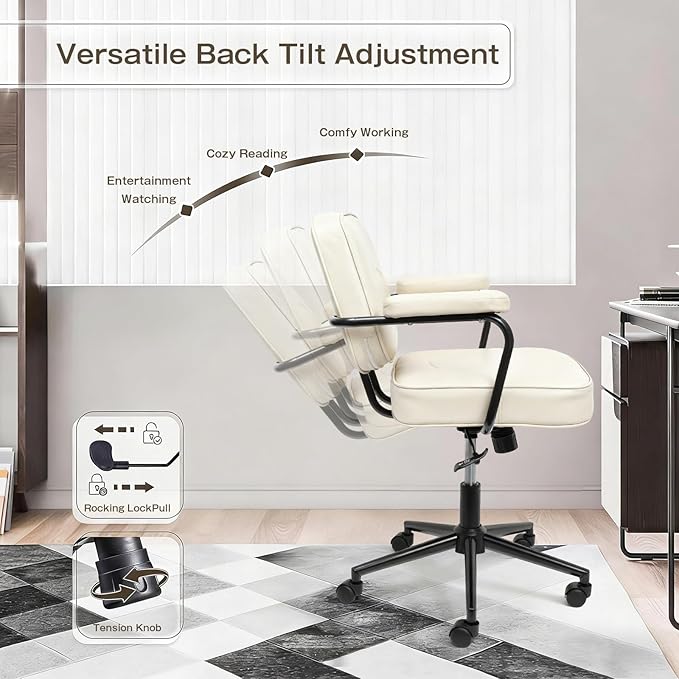 Home Office Chair, Ergonomic Desk Chair with Lumbar Support, Adjustable Height Rolling Swivel Task Chair with Armrests, PU Leather, for Meeting,Study Room Beige
