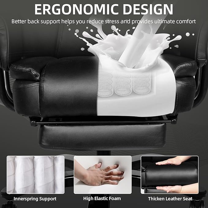 Reclining Office Chair with Footrest, Big and Tall Home Office Desk Chairs 400lbs with High Back, Criss Cross Wide Seat, Heavy Duty Base, Pu Leather, Black