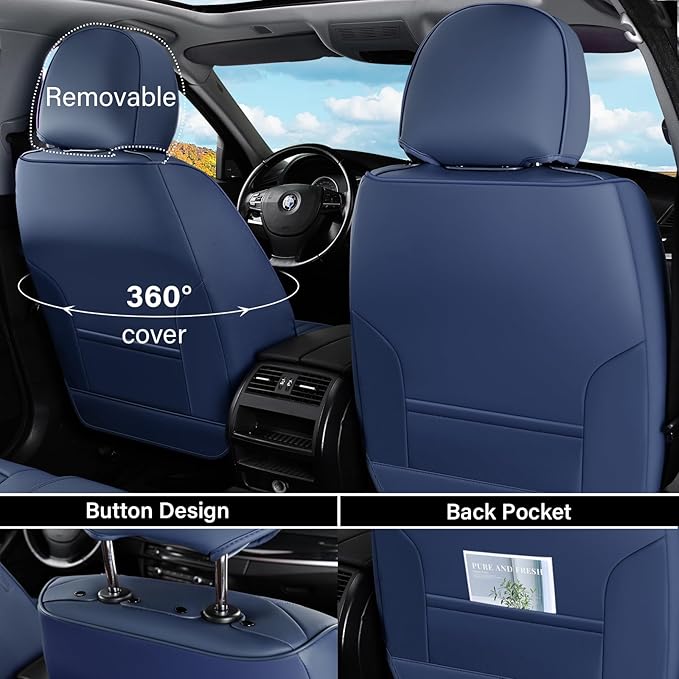 Coverado Car Seat Covers Front Seats, 2 Piece Car Seat Protector with Lumbar Support & Removable Headrest, Breathable Leather Seat Cushion Universal Fit for Truck Automotive Vehicles Blue