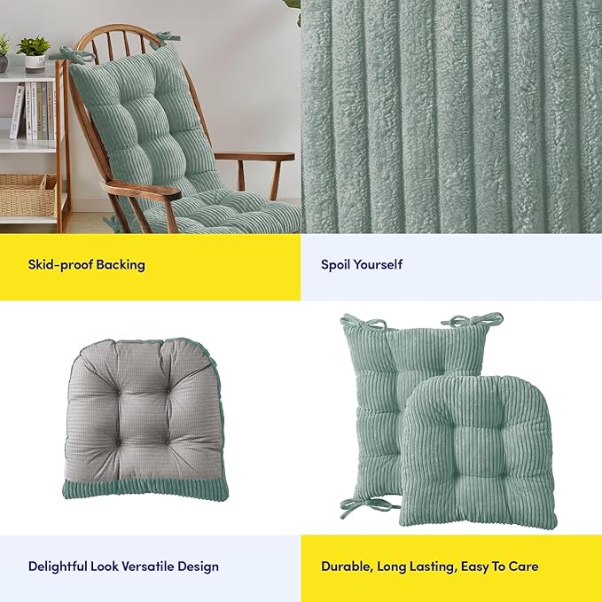 Rocking Chair Cushion Premium Tufted Pads Non Skid Slip Backed Crushed Velvet Cover Set of Upper and Lower with Ties, 21 in x 17 in | 17 in x 17 in, Velvet Mint