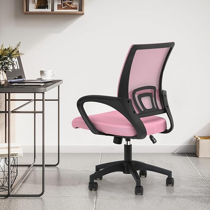 MoNiBloom Mesh Office Chair, Ergonomic Computer Chair for Adults, Rolling Swivel Mid-Back Desk Chair with Lumbar Support, Comfy Armrest for Home Office, Gaming, Pink