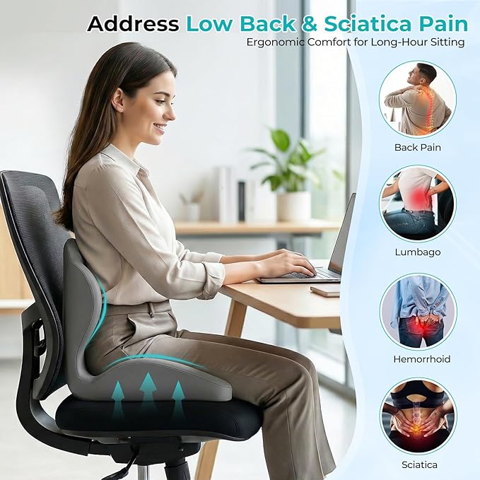 Memory Foam Seat Cushion with Lumbar Support Pillow for Truck Driver, Ergonomic L-Shaped Car Seat Cushion for Tailbone Pressure Relief, Non-Slip Chair Pad for Long Driving, Gray