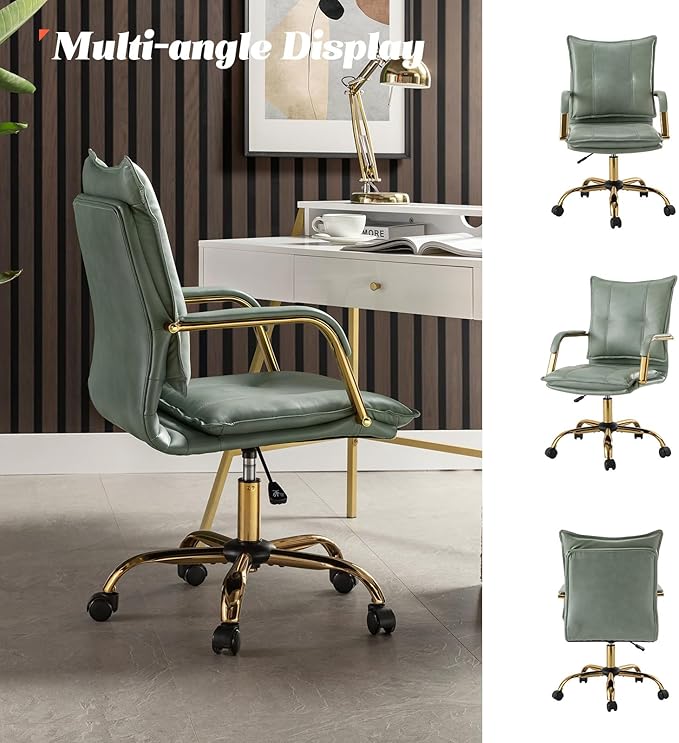 HULALA HOME Faux Leather Home Office Desk Chair, Adjustable Swivel Computer Chair with Golden Legs and Arms, Comfy Upholstered Task Chair, Sage