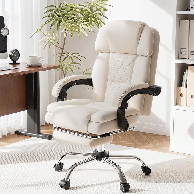 HOMREST 6-Point Massage Office Chair with Heat, Ergonomic Reclining Desk Chair with Footrest, Soft Chenille Fabric Executive Chairs for Home Office, Comfortable Computer Chair Gift for Women, Beige