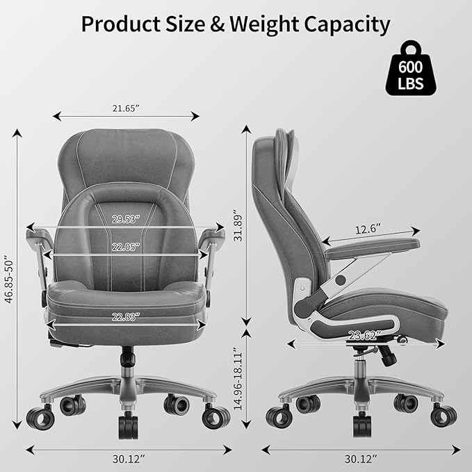 Big and Tall Office Chair, 600lbs Heavy Duty Desk Chair with 5D Arms, Adjustable Lumbar Support & Height, Tilt Function, PU Leather High Back Ergonomic Executive Computer Chair