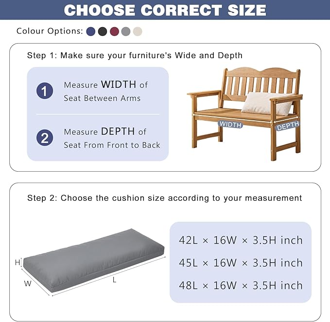 baibu 48Inch Outdoor Bench Cushion Waterproof, Bench Cushions for Outdoor Furniture, Dual-Layer Memory Foam atio Furniture Cushions, Porch Swing Seat Pad with Washable Cover & Ties, 48x16x3.5, Grey