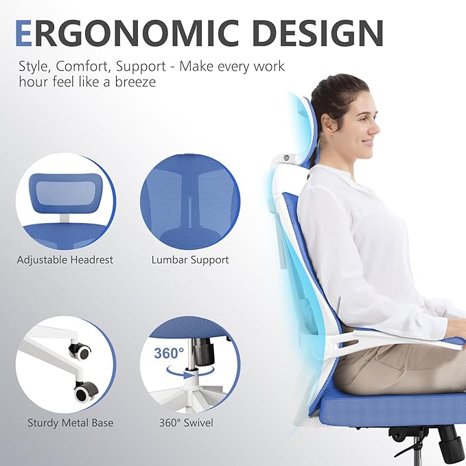 350 LBS Ergonomic Office Computer Mesh Chair - Adjustable Height Rolling Desk Chair with Flip-Up Armrests & High Back Support - Comfortable Swivel Task Chair for Home Office (03BLUE)