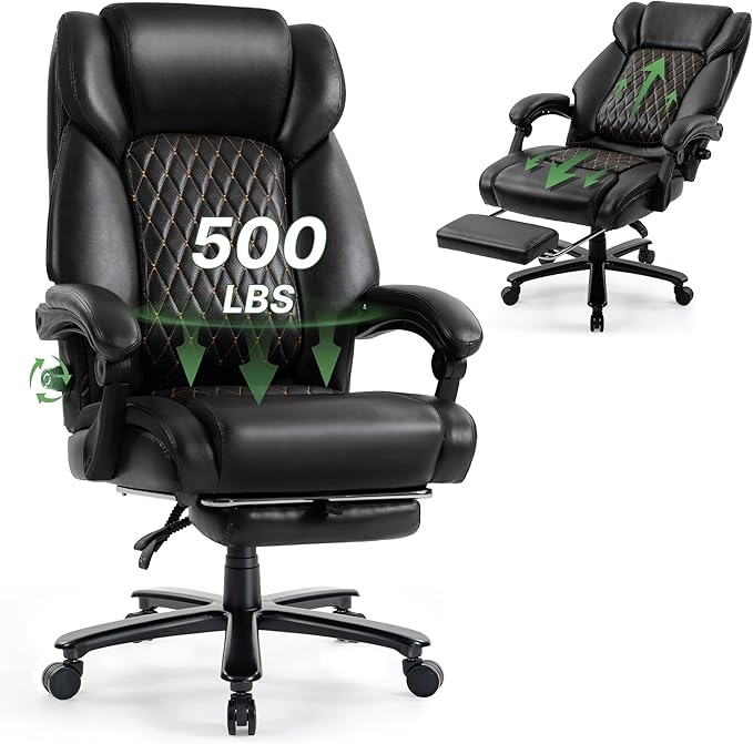 Reclining Office Chair with Retractable Footrest & Adjustable Lumbar Support - 500 lbs Capacity for Big and Tall Users, Leather Executive Desk Chair for Home Office, Work, and Relaxation, Black