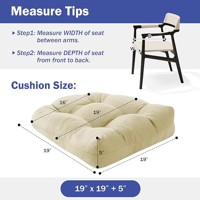 IPYNBAP Outdoor Chair Cushions Set of 2, Patio Chair Cushions with Ties, 19x19+5” Tufted Outdoor Seat Cushions, Waterproof Patio Furniture Cushions, Outdoor Dining Chair Pads, Beige