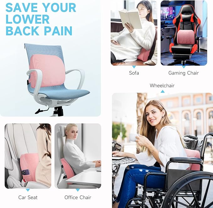Fyore Lumbar Pillow Memory Foam Back Support Cushion with Anti-Slip Particles Designed for Lower Back Pain Relief Back Pillow 2 Adjustable Straps for Computer/Office Chair,Car Seat,Recliner(Pink)