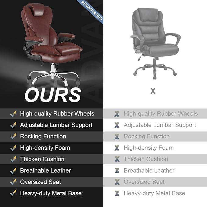 Office Chair, Home Desk Chair, Ergonomic Computer Chair with Lumbar Support, Executive Leather Chair with Flip-Up Armrests, Big and Tall Swivel Rolling Chair, Brown