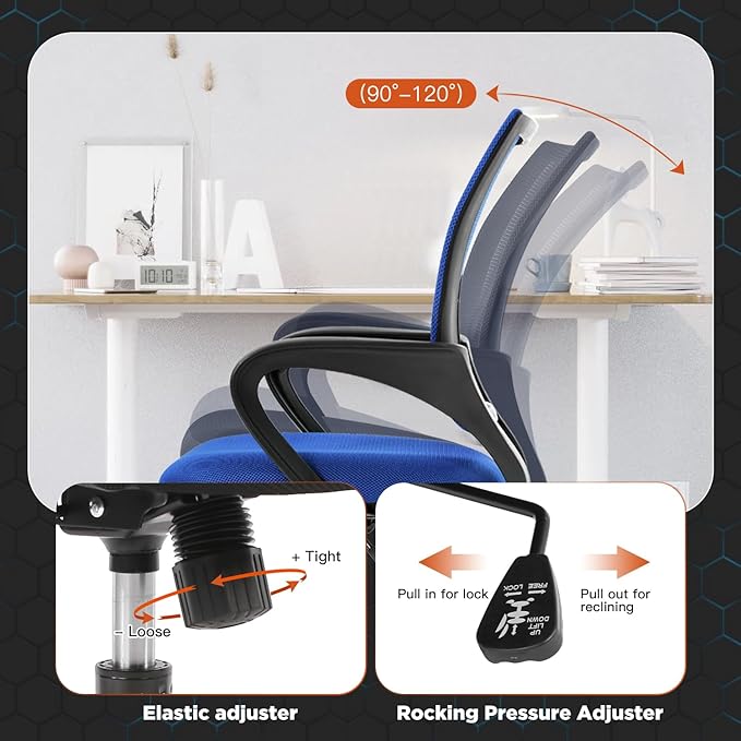 Ergonomic Office Chair - Mesh Desk Task Computer Swivel Chair with Lumbar Support, Modern Executive Adjustable, Blue