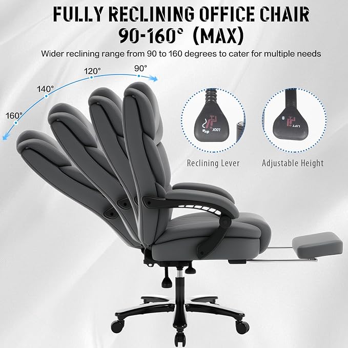Heavy Duty Recliner Office Chair with Footrest, Wide Seat Big Tall Reclining Office Desk Chair for 500lbs Heavy People, Grey