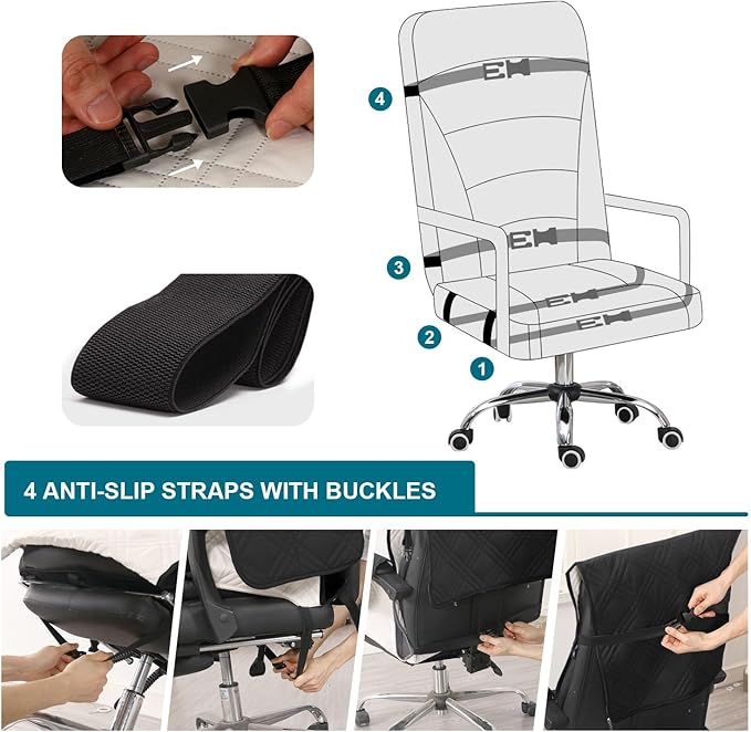 Turquoize Waterproof Office Chair Cover with Armrest Covers Black Computer Desk Chair Cover Quilted Office Chair Protector with Arms Office Chair Seat Cover Slipcover with Anti-Slip Buckle, Black