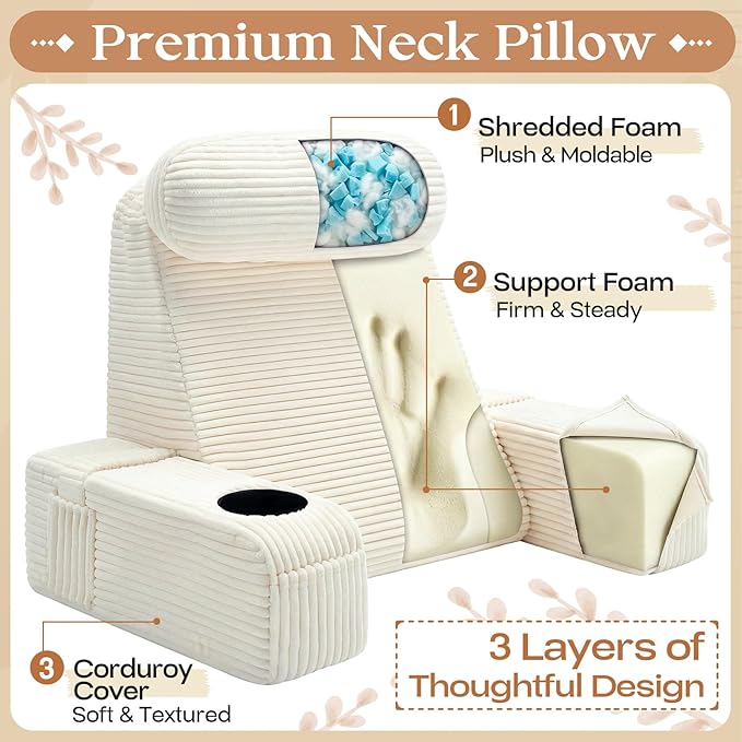 Reading Pillow/Backrest Pillow with Arms, Cup Holder & Phone Pocket - Bed Rest Pillow with Adjustable Headrest, Corduroy Fabric for Back Support in Bed/Sofa/Floor (Off-White, 19 INCH)