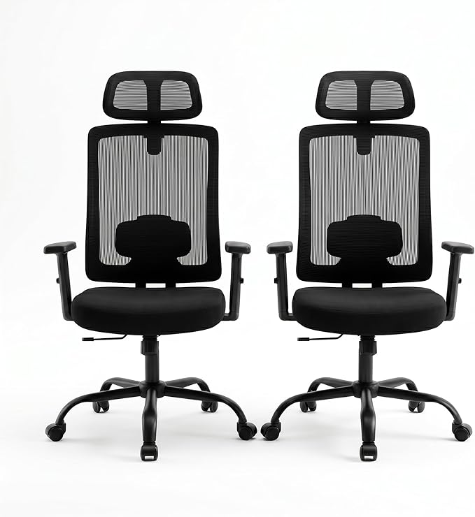 Ergonomic Mesh Office Chair with Headrest, Comfortable Desk Chair for Long Sitting, Breathable Computer Chair with Flip-Up Arms, Adjustable Swivel Chair for Home Office Work Study, Black