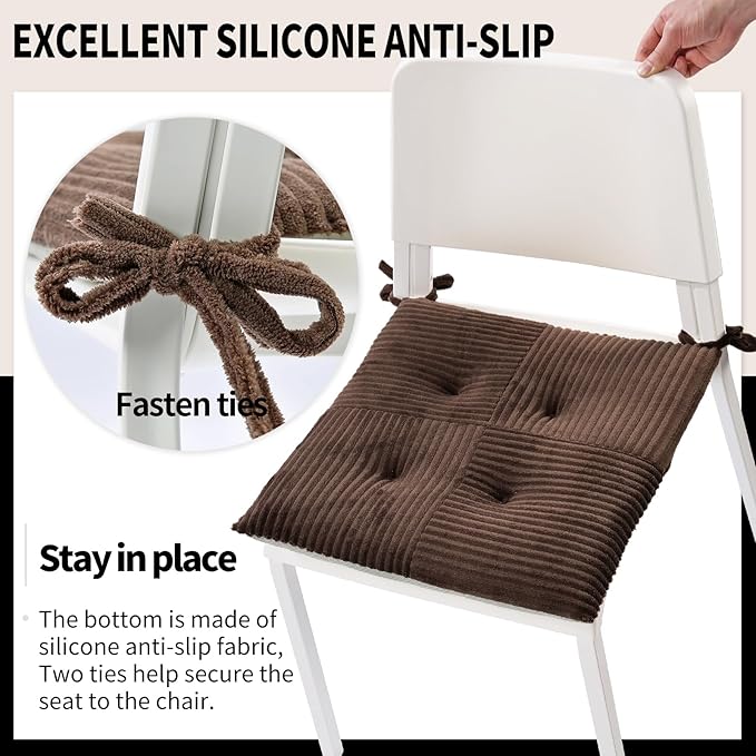 Office Stacking Chair Cushion with Ties, Corduroy High Density Foam Non-Slip Kitchen Seat Cushion, Square 17" x 17" Indoor Dining Chair Pads, Brown, 1 PCS