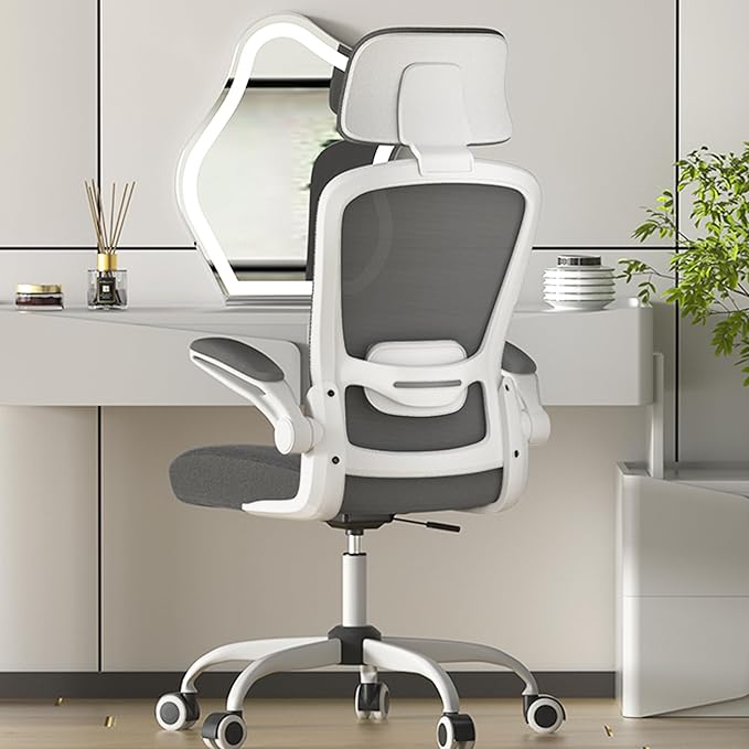 Mimoglad Office Chair, High Back Ergonomic Desk Chair with Adjustable Lumbar Support and Headrest, with flip-up Armrests for Guitar Playing, 5 Years Warranty (Modern, Charcoal (White Frame))