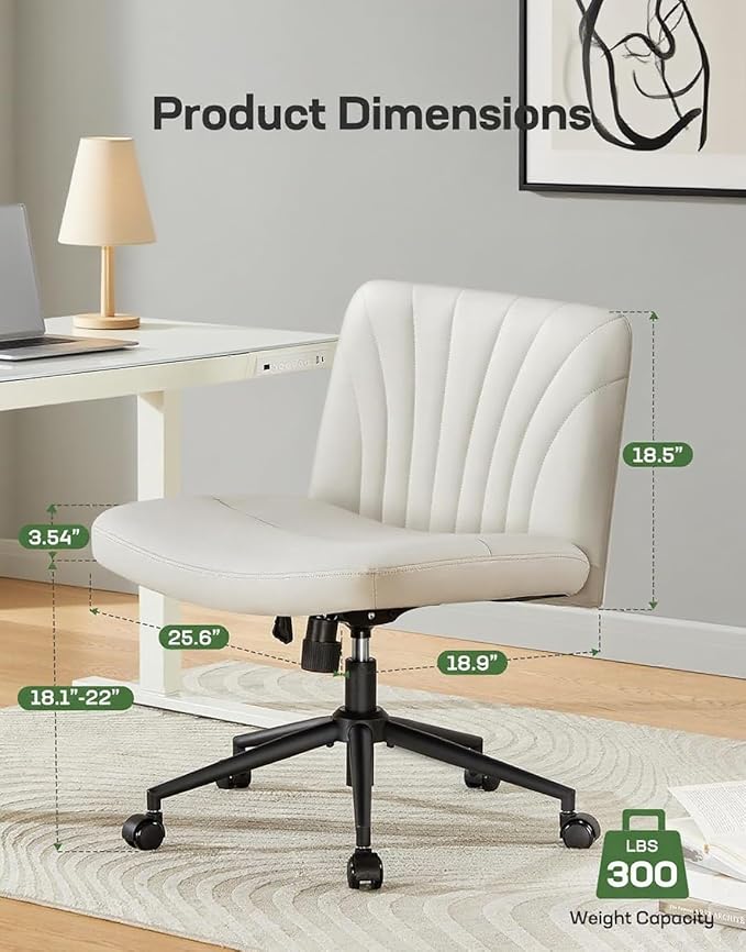 Marsail Criss Cross Chair with Wheels, Wide PU Leather Armless Desk Chair, Swivel & Height Adjustable Cross Legged Office Chair for Makeup, Small Spaces, Bedroom, Vanity