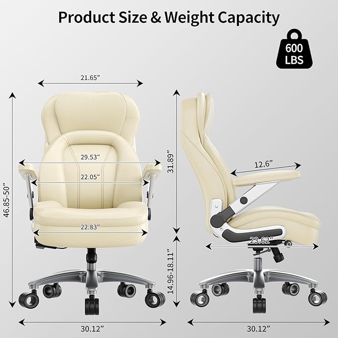Big and Tall Office Chair, 600lbs Heavy Duty Desk Chair with 5D Arms, Adjustable Lumbar Support & Height, Tilt Function, PU Leather High Back Ergonomic Executive Computer Chair