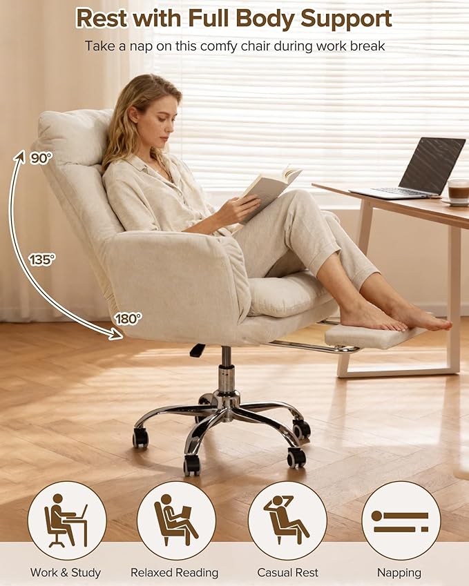 Multifunctional Big and Tall Office Chair with Footrest, 180° Reclining Comfy Computer Gaming Chair with Flip-Up Armrests for Pets & Cross-Leg Sitting, Ergonomic Desk Chair for Work, Gaming & Nap