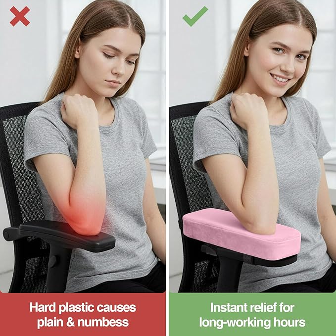 Smiry Ergonomic Office Chair Armrest Pads, Memory Foam Arm Rest Covers, Non-Slip Armrest Cushion with Adjustable Buckles and Straps, Elbow Relief for Desk, Gaming & Wheelchair (Pink, Set of 2)