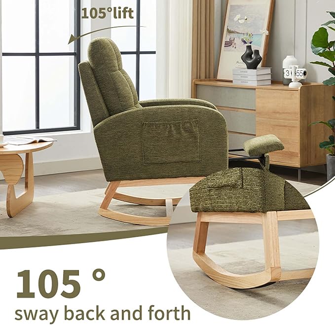 40" Fabric Nursing Rocking Chair, Nursery Chairs with Adjustable Foot Rest, High Backrest Upholstered Arm Chair with Side Pockets, Wood Rocking Chair for Living Room, Bedroom, Baby Room (Cyan 1)