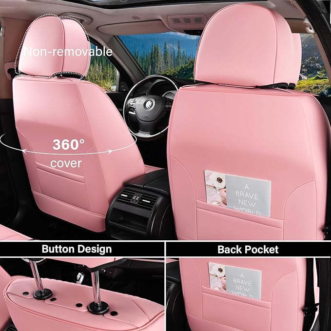 Coverado Car Seat Covers Front Seats, 2 Piece Car Seat Protector with Lumbar Support & Removable Headrest, Breathable Leather Seat Cushion Universal Fit for Truck Automotive Vehicles Pink